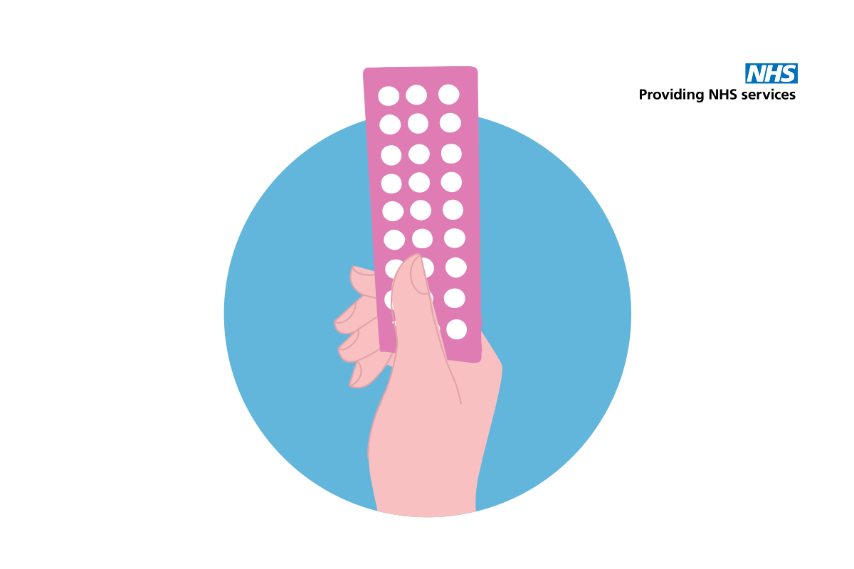 Illustration of a hand holding up a pink blister pack of white contraceptive pills.